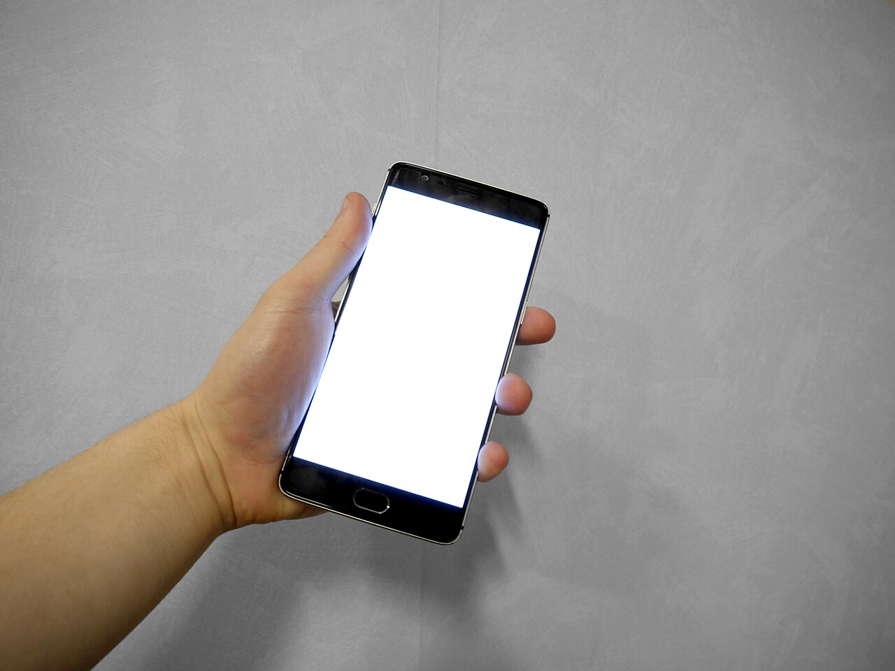 Tangan memegang ponsel dengan layar kosong sebagai ilustrasi akses aplikasi digital